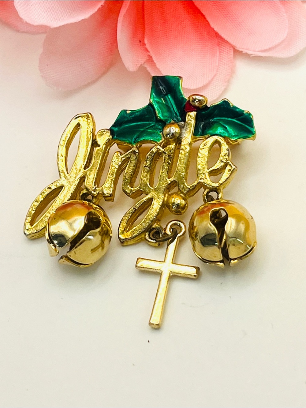 Gold 'Jingle' Holiday Pin with Green Holly and Cross Charm